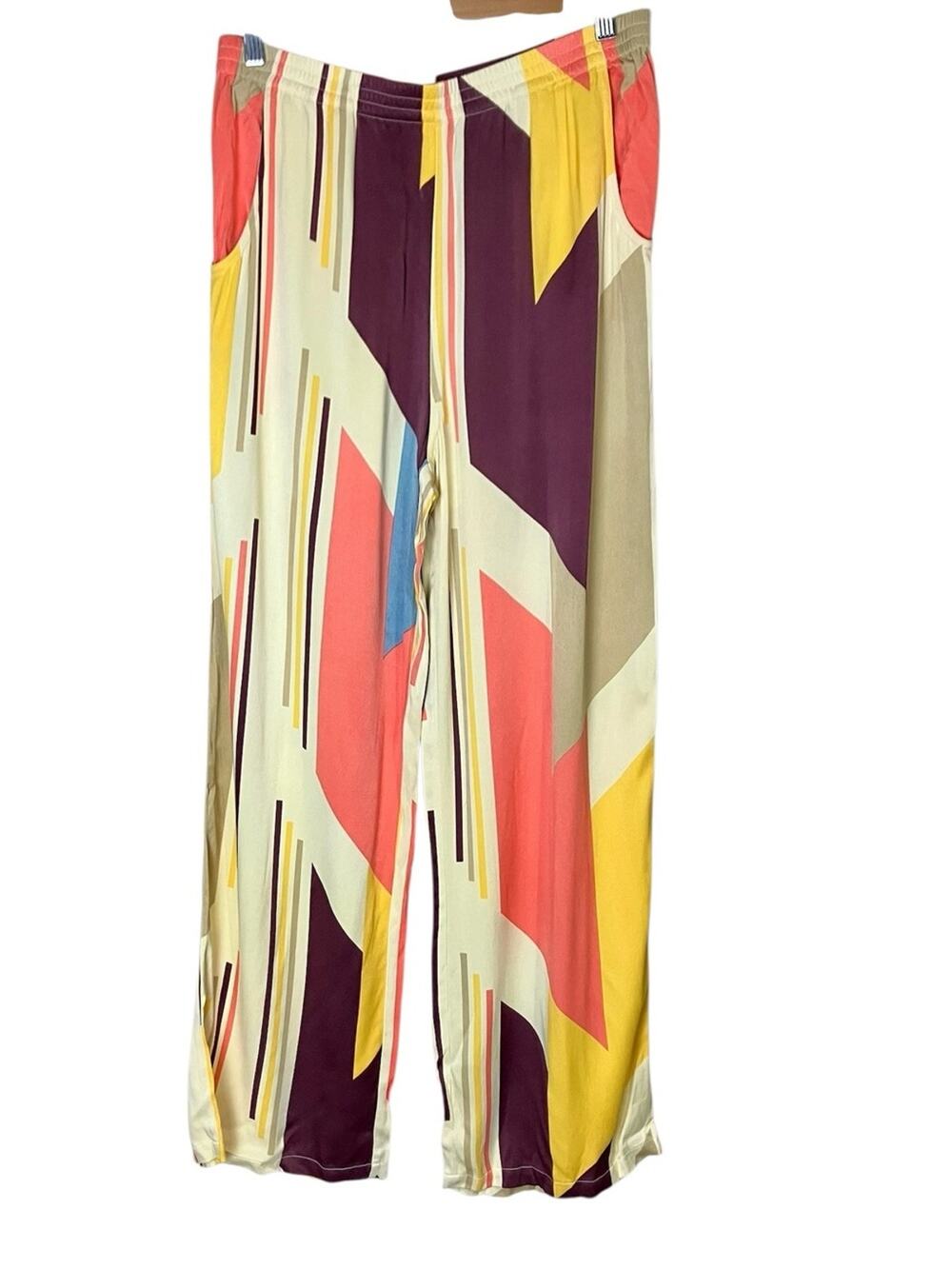 Soft Surroundings Satin Pull On Geometric Colorful Mid Century Pants M